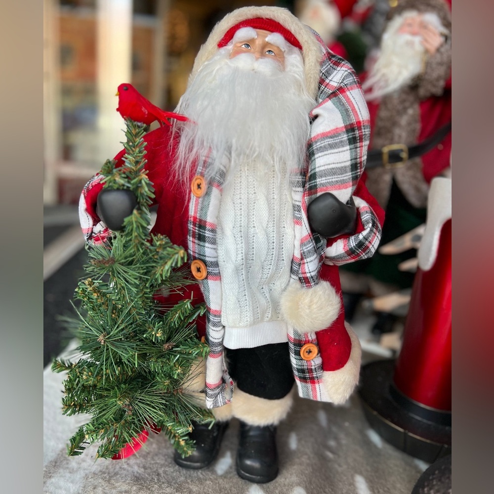 Festive Santa Figurine with Plaid Coat and Christmas Tree with Red Bird